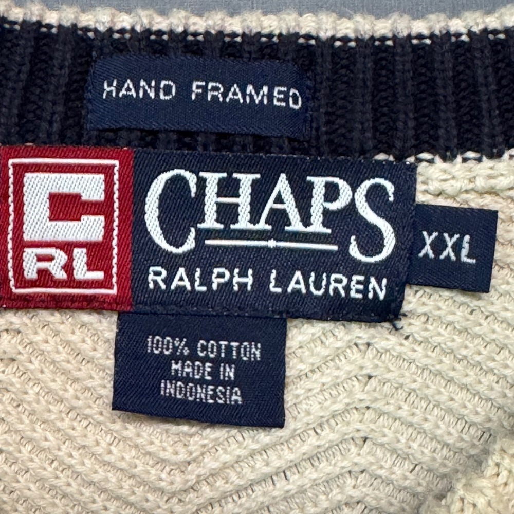 Chaps Ralph Lauren Mens XXL Cream Herringbone Knit Crest Logo Sweater Vintage - Picture 3 of 7